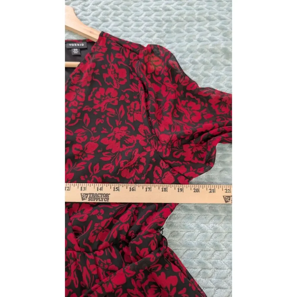 Torrid Black Red Midi Dress 00 Large V Neck sheer Balloon Sleeve Pockets - Picture 8 of 14